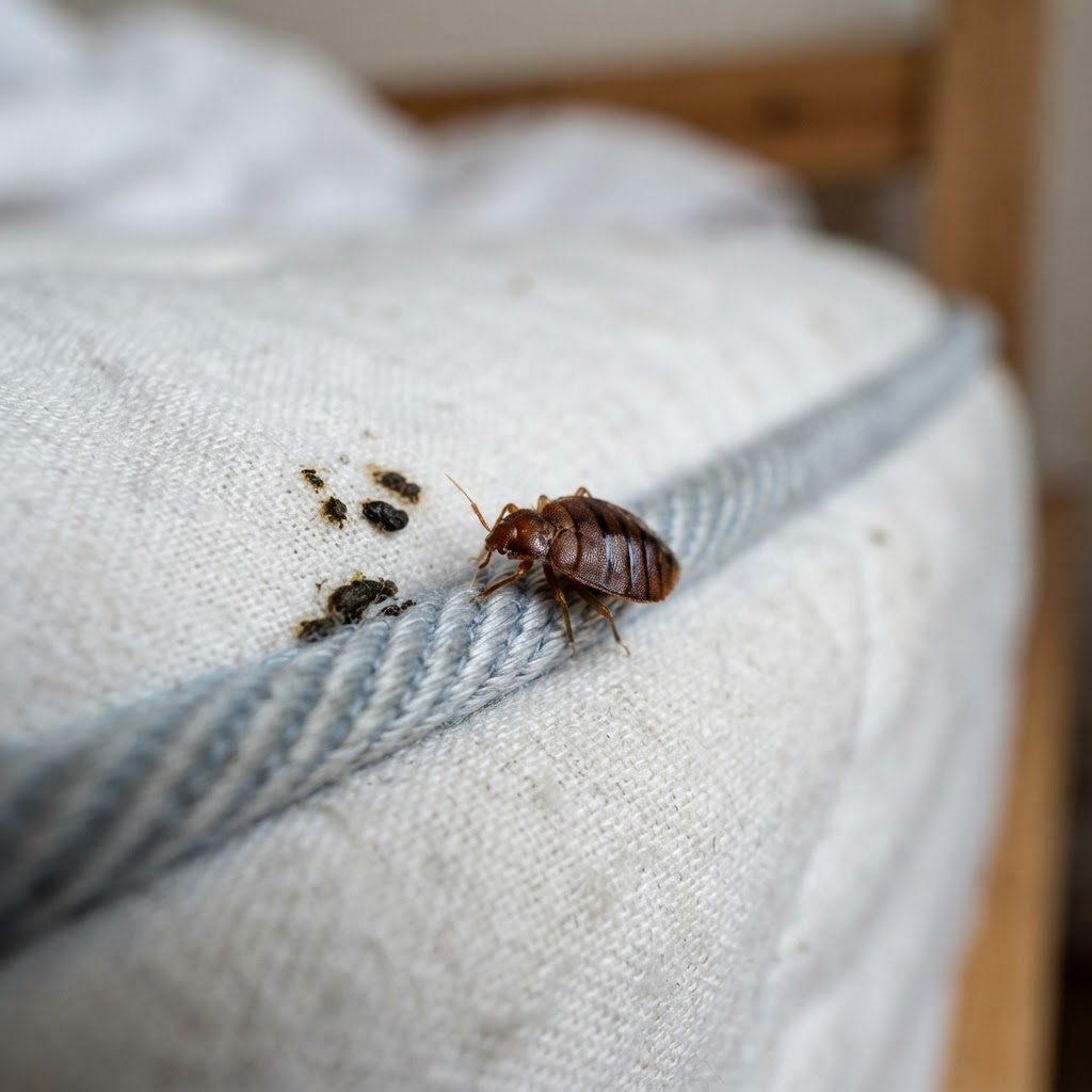Bed bug on the seam of a mattress with dark spotting nearby